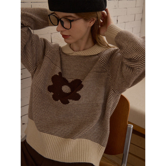 [JOMI] Flower Contrast Color'Merino Wool Rice Coffee Contrast Color Striped Flower Long Sleeve Knitted Sweater Women