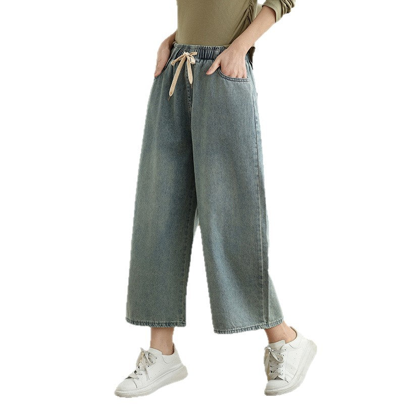 Real shot 2025 spring and summer new large size loose casual denim wide-leg pants women's clothing