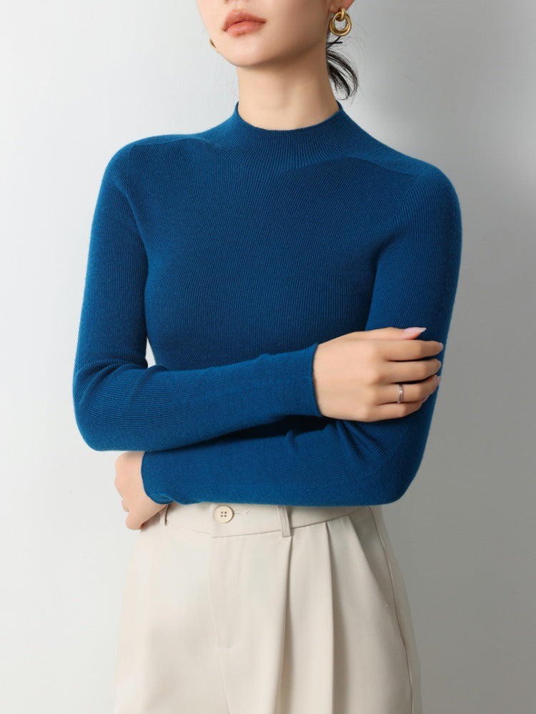 Machine washable! Grey Yangtze yarn worsted 100% wool bottoming shirt women's semi-turtleneck autumn and winter tight knit sweater