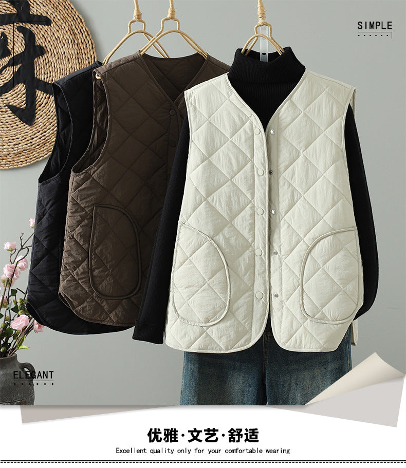 2025 autumn and winter new casual quilting line clip thin cotton hidden buckle side pocket vest women