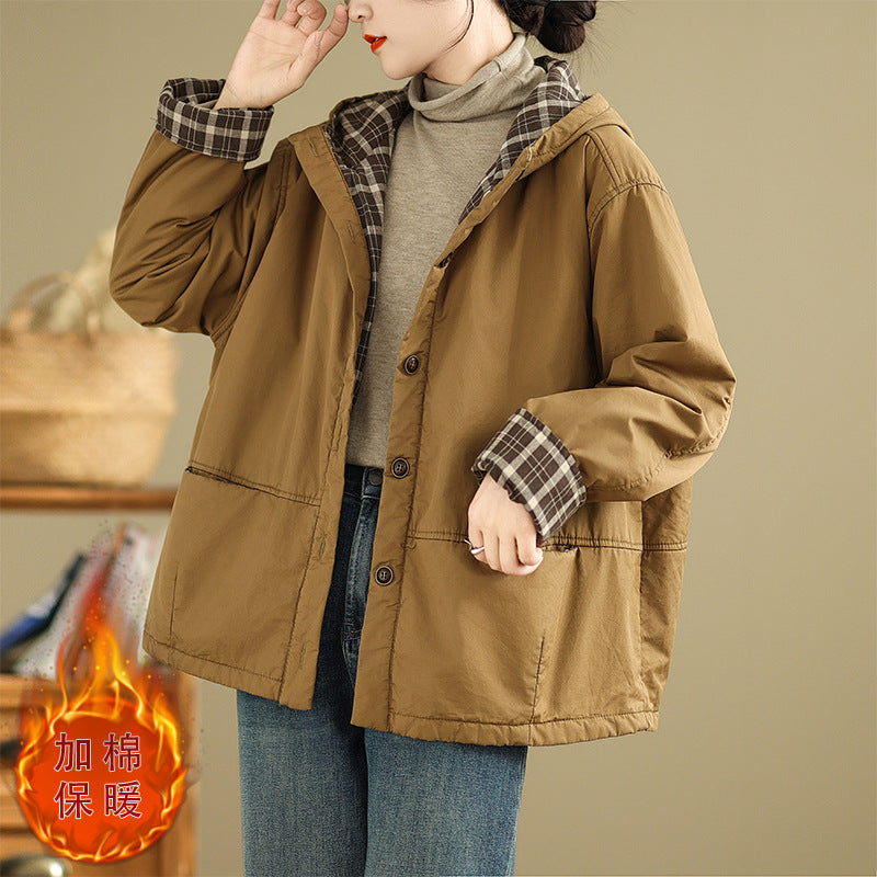 Real shot 2025 winter retro cotton trench coat double-layer jacket inner plaid hooded cotton-padded jacket warm cotton-padded jacket
