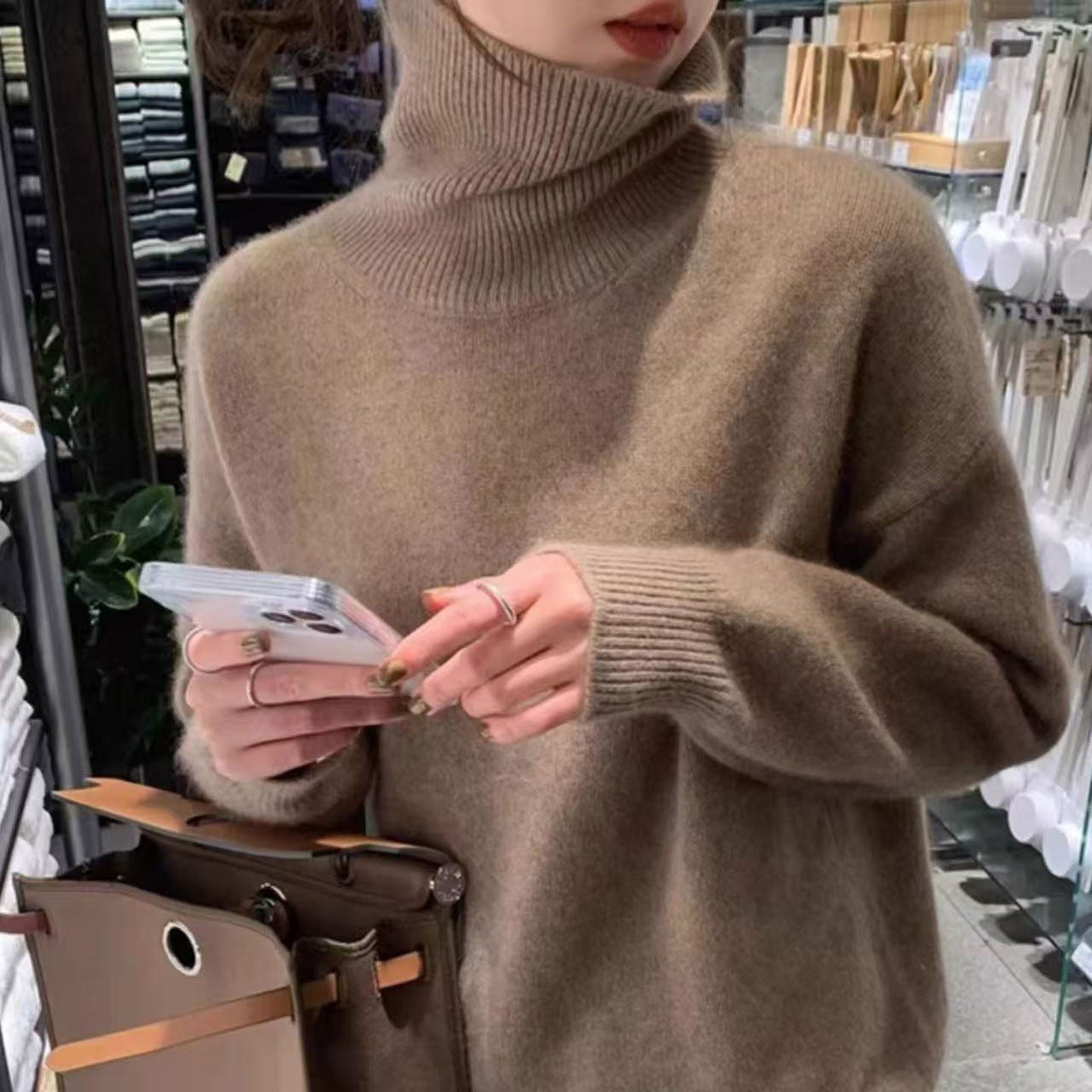High neck 100 pure cashmere shirt women's European high-end thickened 2025 fall/winter knitted loose lazy base sweater