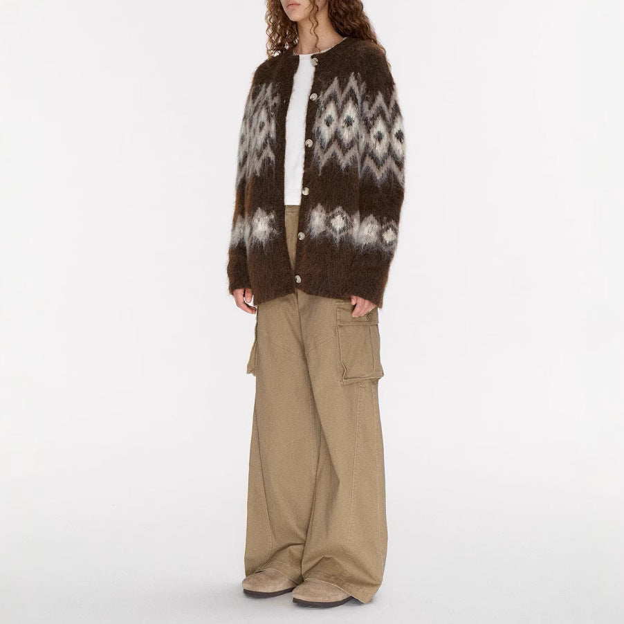 Winter atmosphere wool cardigan, jacquard pulling craft loose Fair Island sweater jacket