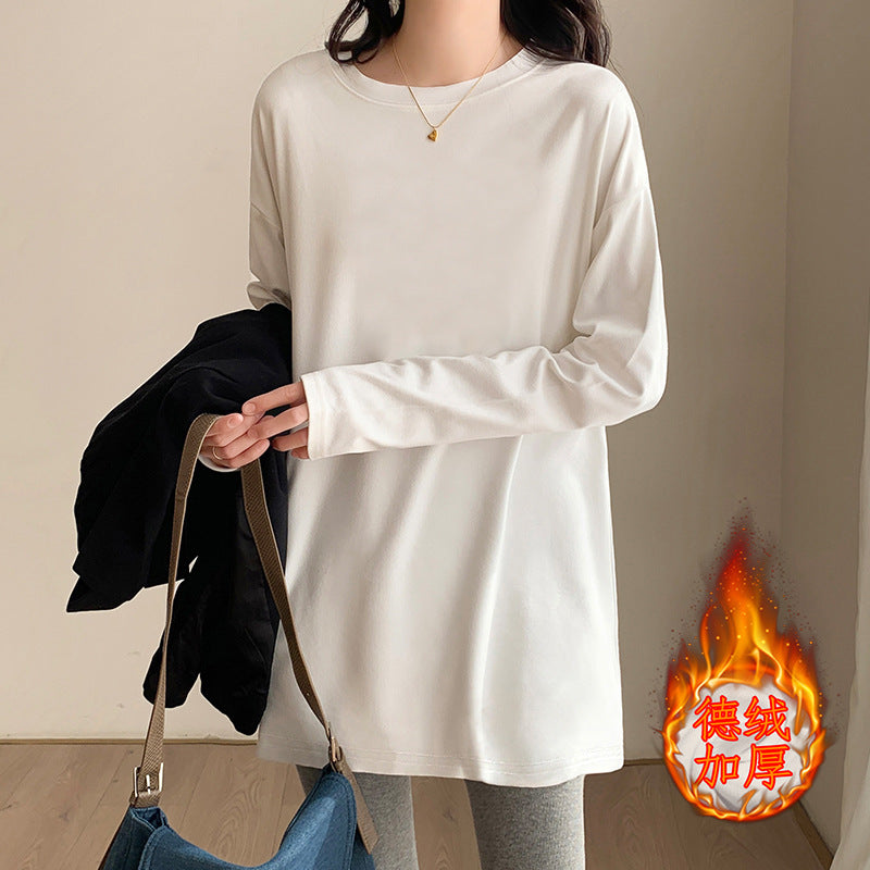 German velvet long-sleeved t-shirt for women's spring and autumn medium and long loose white warm inner top bottoming shirt velvet thickened winter