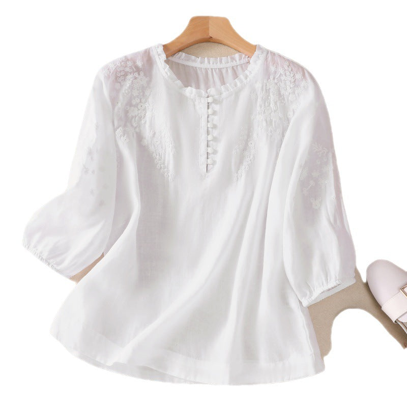 Real shot 2025 summer new literary loose embroidery flower V-neck five-quarter sleeve shirt blouse top #9041