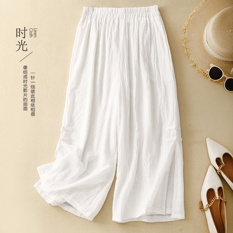 Real shot 2025 summer new cotton and linen large size literary and retro loose wide leg straight cropped pants women #9525