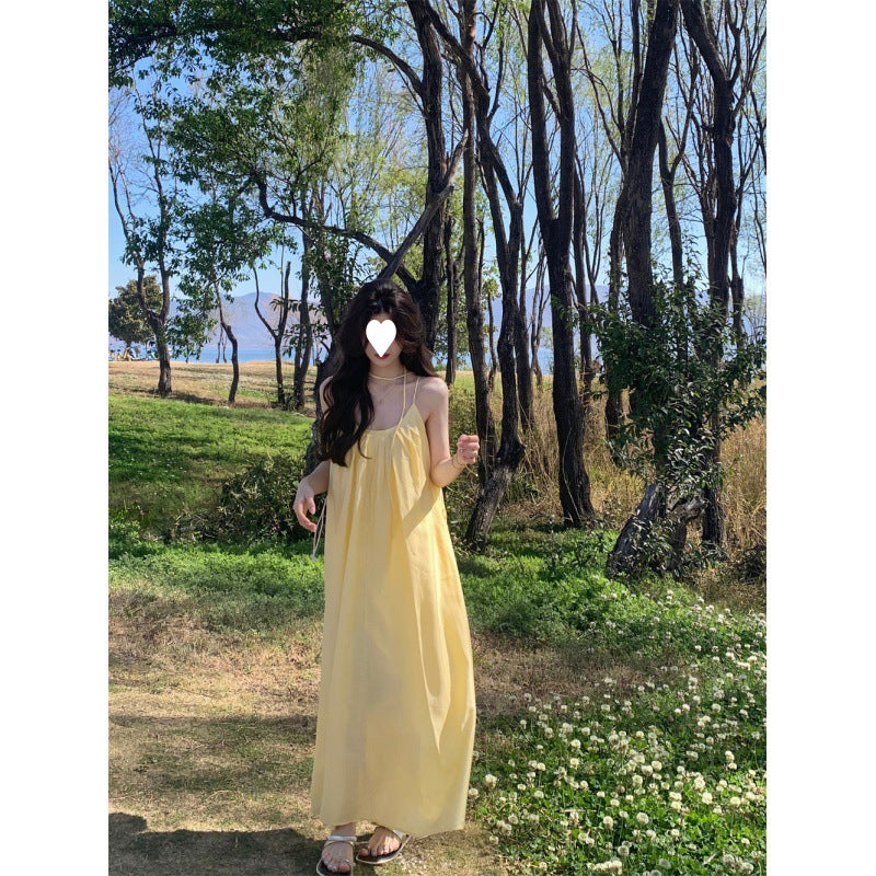 French yellow suspender dress women's clothing summer seaside vacation style wear skirt loose A-shaped skirt long skirt