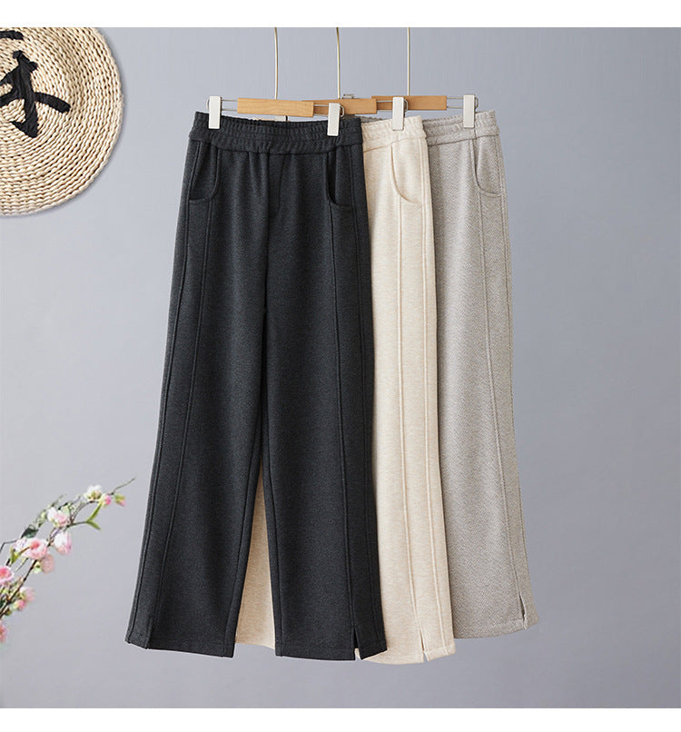 Real shot herringbone pattern velvet wide-leg pants women's 2025 winter woolen split pants straight tube micro-elastic banana pants
