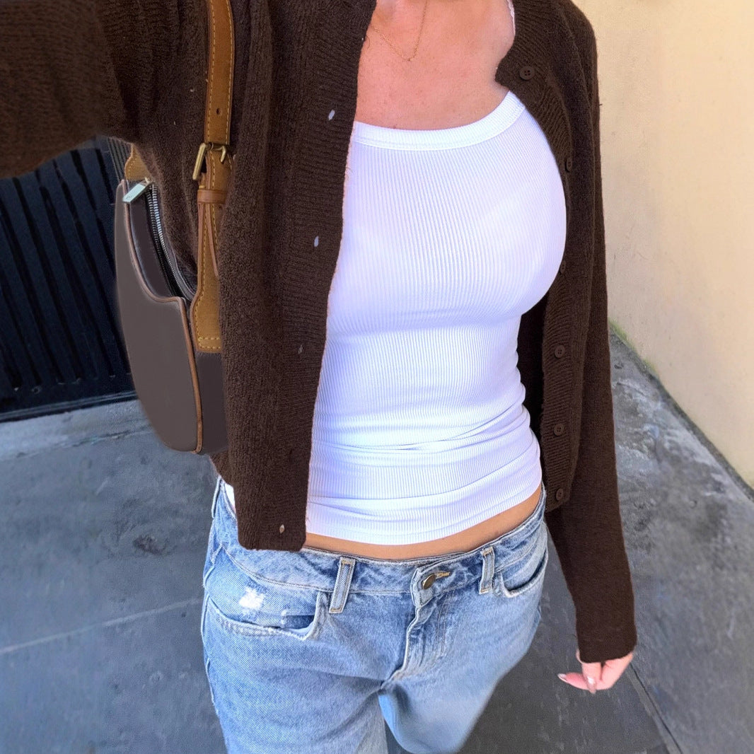 American simple style solid color breasted crew neck woven cardigan autumn and winter new lazy casual versatile slim short coat