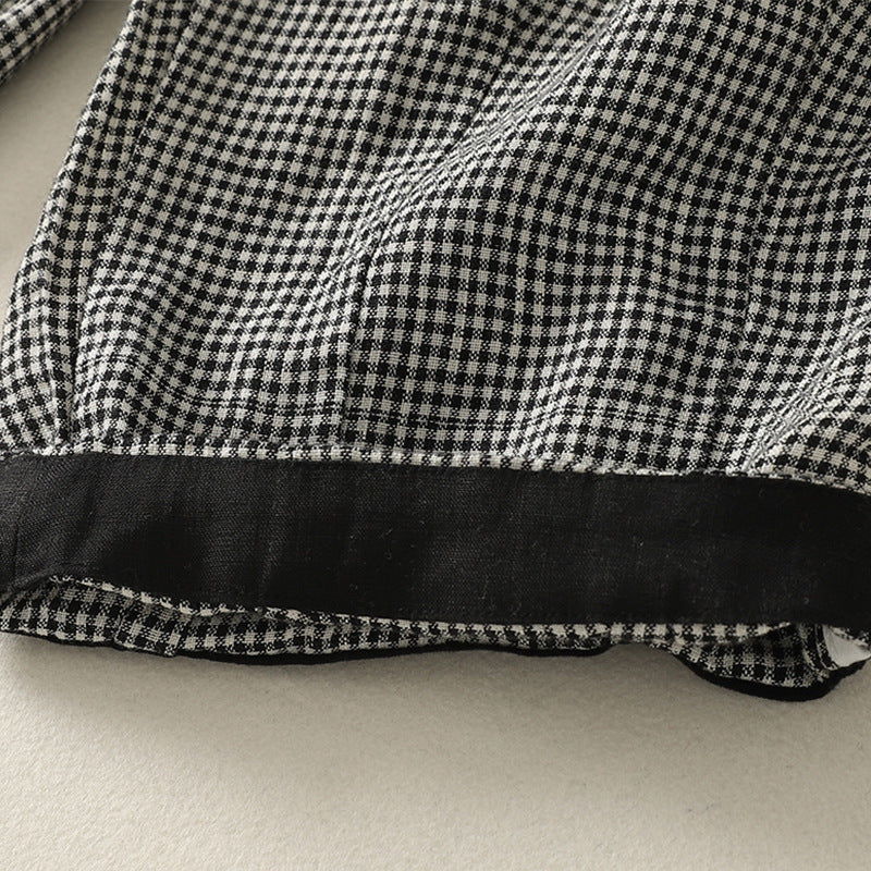 Real shot 2025 summer new casual loose cotton and linen plaid elastic waist Harlan pants nine-point pants women's #2615