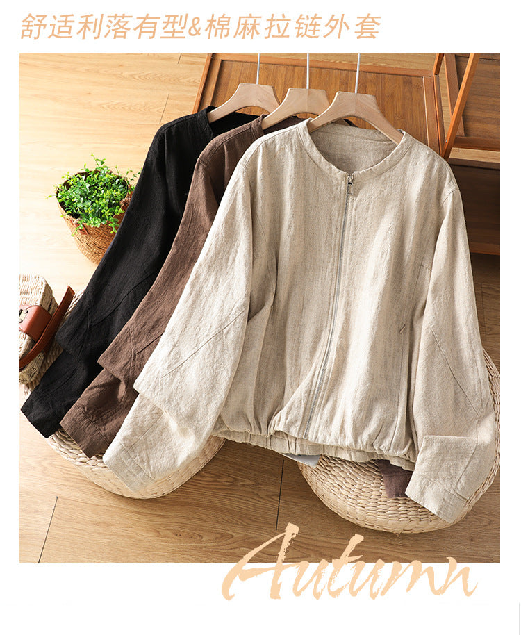 Real shot 2025 autumn new cotton and linen double-layer short coat women's zipper cardigan with loose top jacket