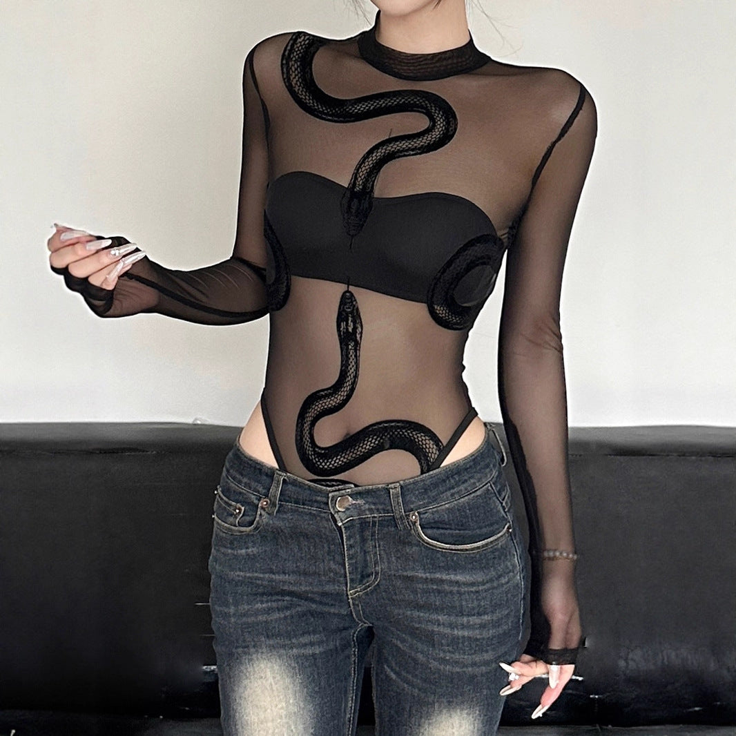 Design sense flocking snake pattern sexy perspective mesh onesie niche Spice Girl style semi-turtleneck elastic long-sleeved top