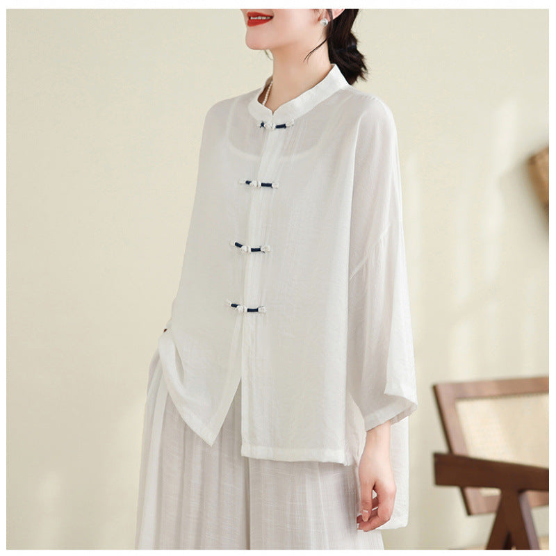 Real shot summer top women's 2025 new Chinese retro disc buckle tea clothes sunscreen air conditioner shirt set