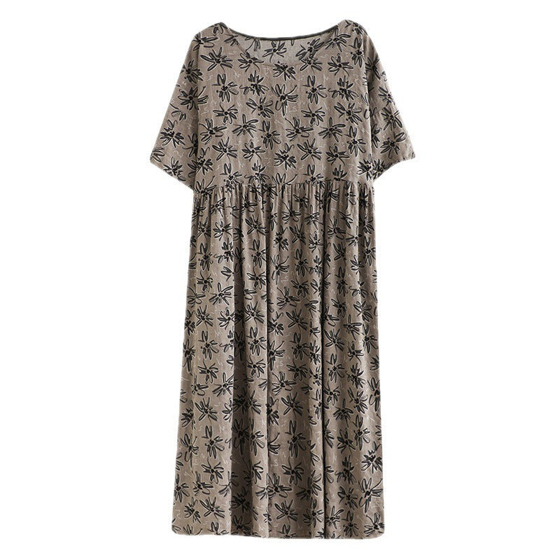 Real shot 2025 summer new literary large size loose printing round neck short-sleeved dress women's long dress #6238