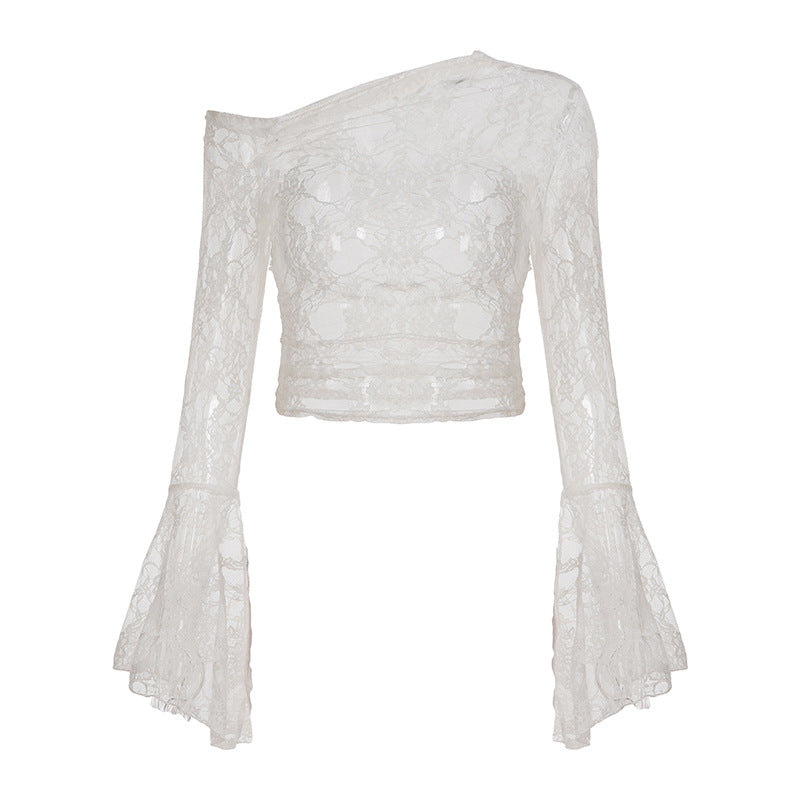 Pure desire sexy see-through lace jacquard horn sleeve T-shirt blouse irregular diagonal neck off-the-shoulder slim-fit thin top