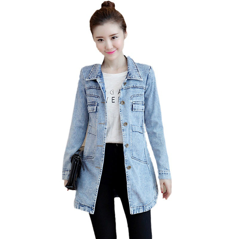 Real shot 2024 autumn new Korean version slim-fitting long-sleeved denim jacket women's single-breasted medium and long trench coat top