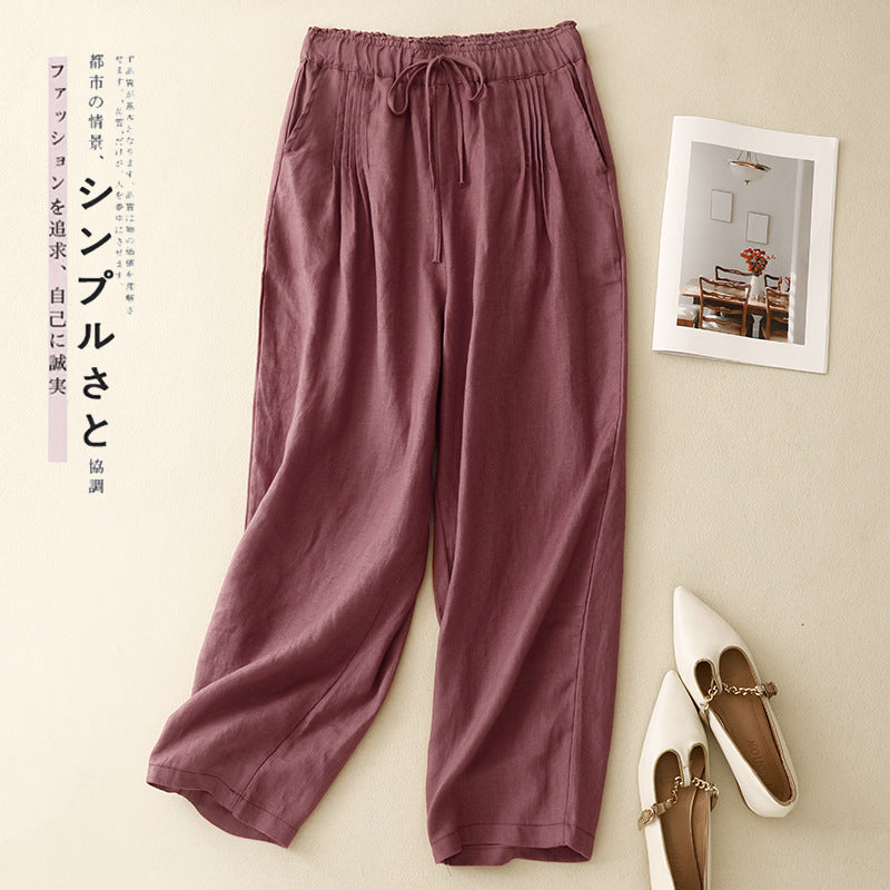Real shot 2025 spring new casual loose solid color cotton and linen elastic waist Harlan pants women's nine-point pants #9037