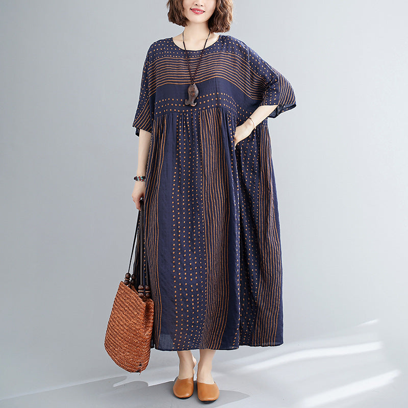 The real shot is 2024 summer new literary large size loose cotton and linen printing round neck short-sleeved dress women's clothing 169 #