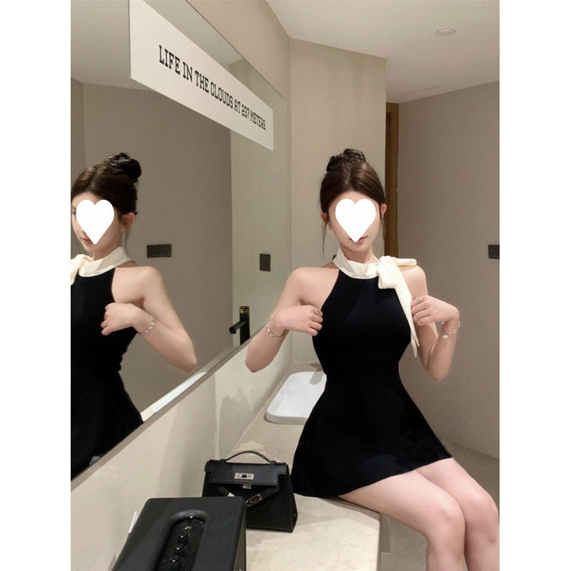 French black sleeveless dress women's summer new super fairy temperament bow slim short skirt waist small black dress
