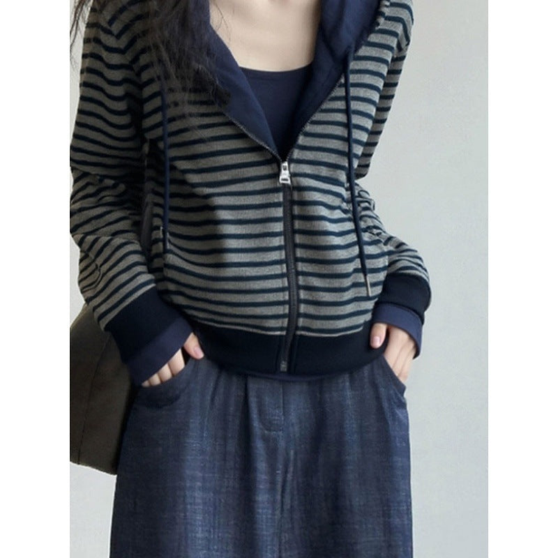Cool gray striped hooded zipper sweater jacket American retro light ripe niche non-collision top autumn