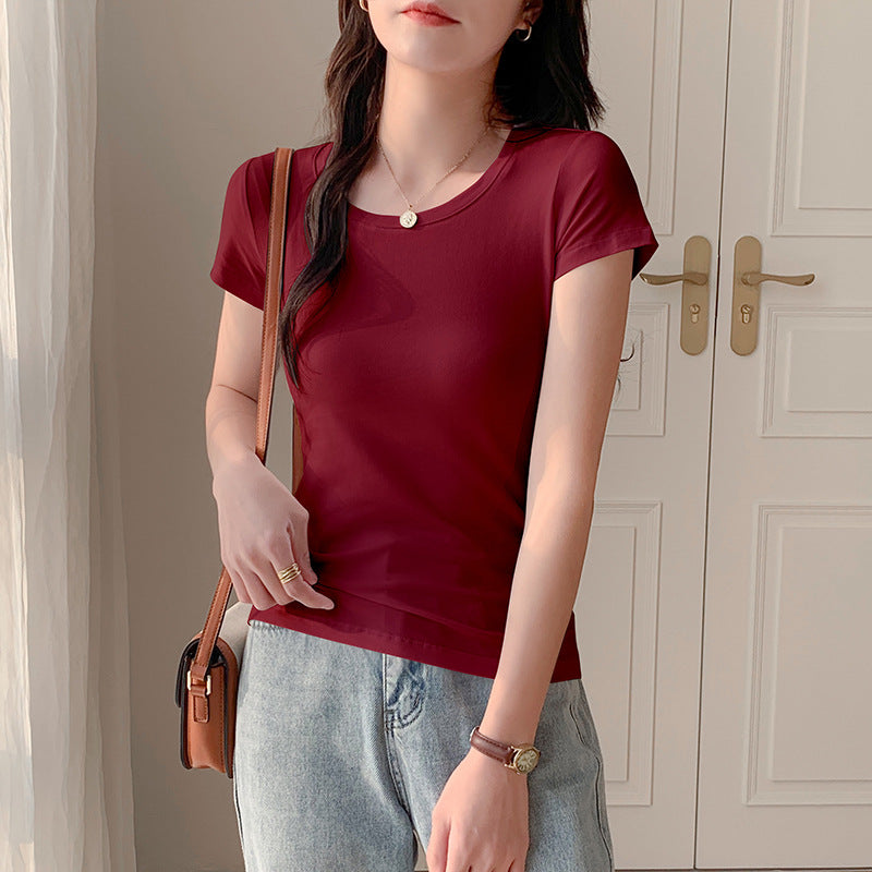 Grey V-neck short-sleeved t-shirt slim short summer half-sleeved top chicken heart neck t-shirt ins solid color