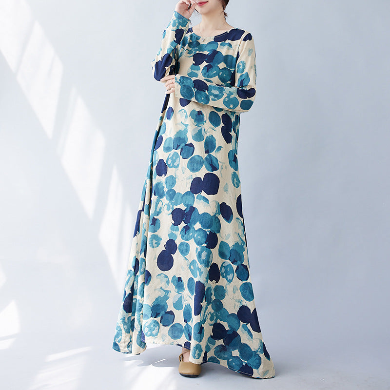 Real shot 2025 spring new literary large size loose printing round neck long sleeve dress women's long dress #9660
