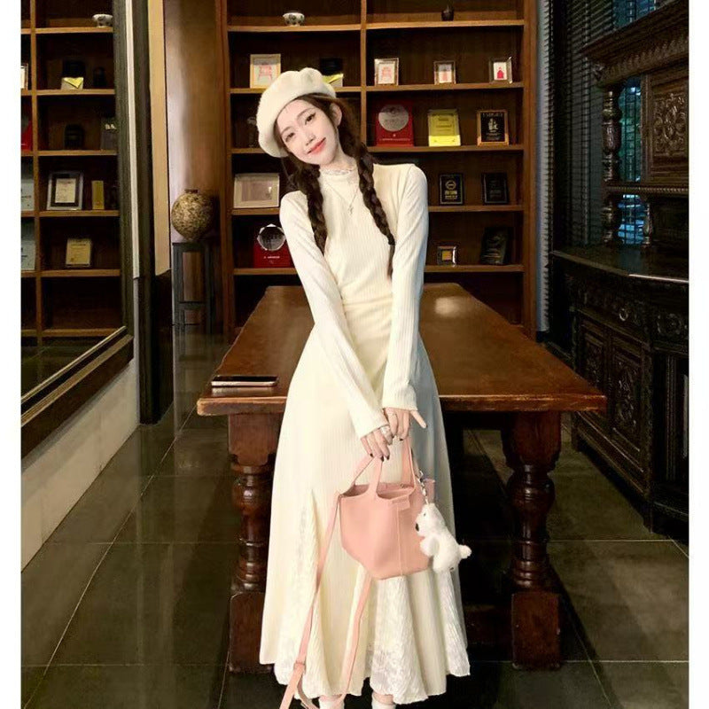 Small knitted dress autumn and winter long-sleeved lace splicing fishtail skirt waist half-high neck inner skirt