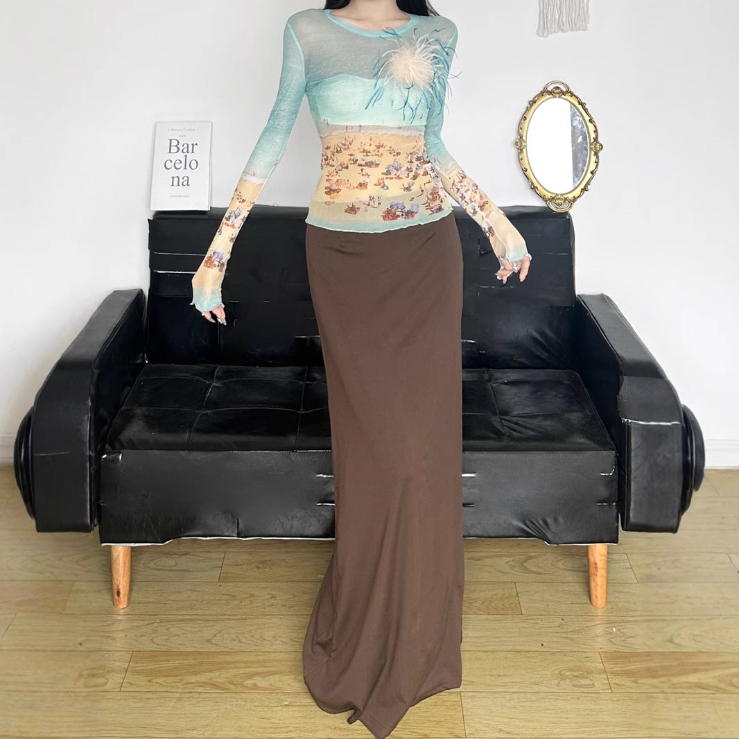 Love cloth forget pure desire retro brown spice girl split hip skirt low waist one piece slim knit dress