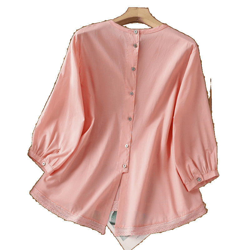 Summer 2025 new cotton and linen literary and retro splicing lace hem shirt top women