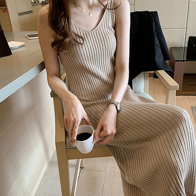 Mercerized Cotton Knitted Suspender Dress Women's Autumn and Winter Interior Slit Sweater Medium and Long Dress Bottom Over Knee Vest Skirt