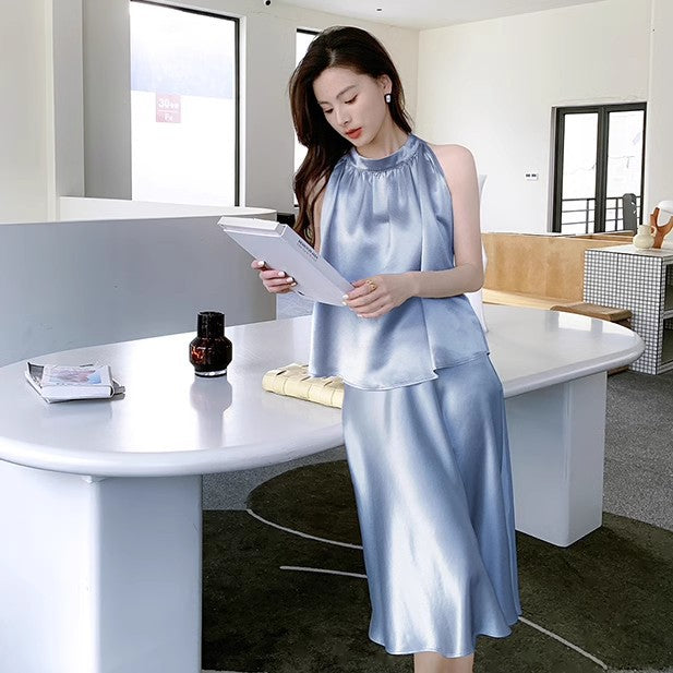 Haute couture real acetic acid satin texture silky off-shoulder top women's summer high-end sense with skirt two-piece suit commute