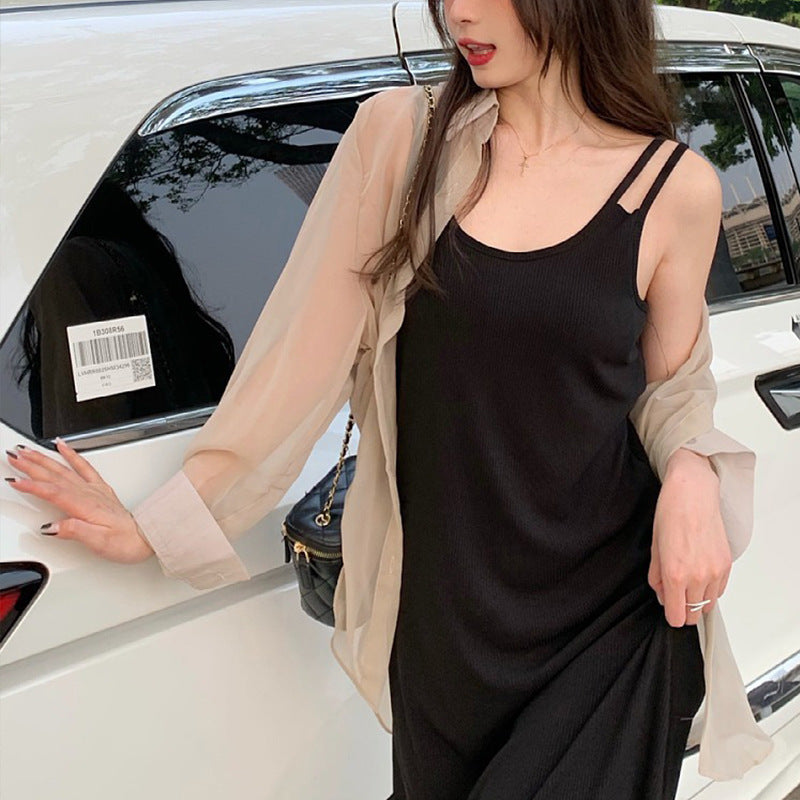 High-end design double shoulder suspender dress women's summer 2026 new loose and thin inner knee vest long dress