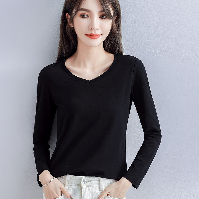 Spring and Autumn 2025 pure cotton versatile V-neck long-sleeved T-shirt women's Korean version with slim foreign base shirt top for commuting