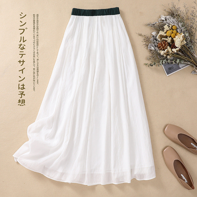 Real shot 2025 summer new literary loose solid color elastic waist A word medium and long skirt women #661 #