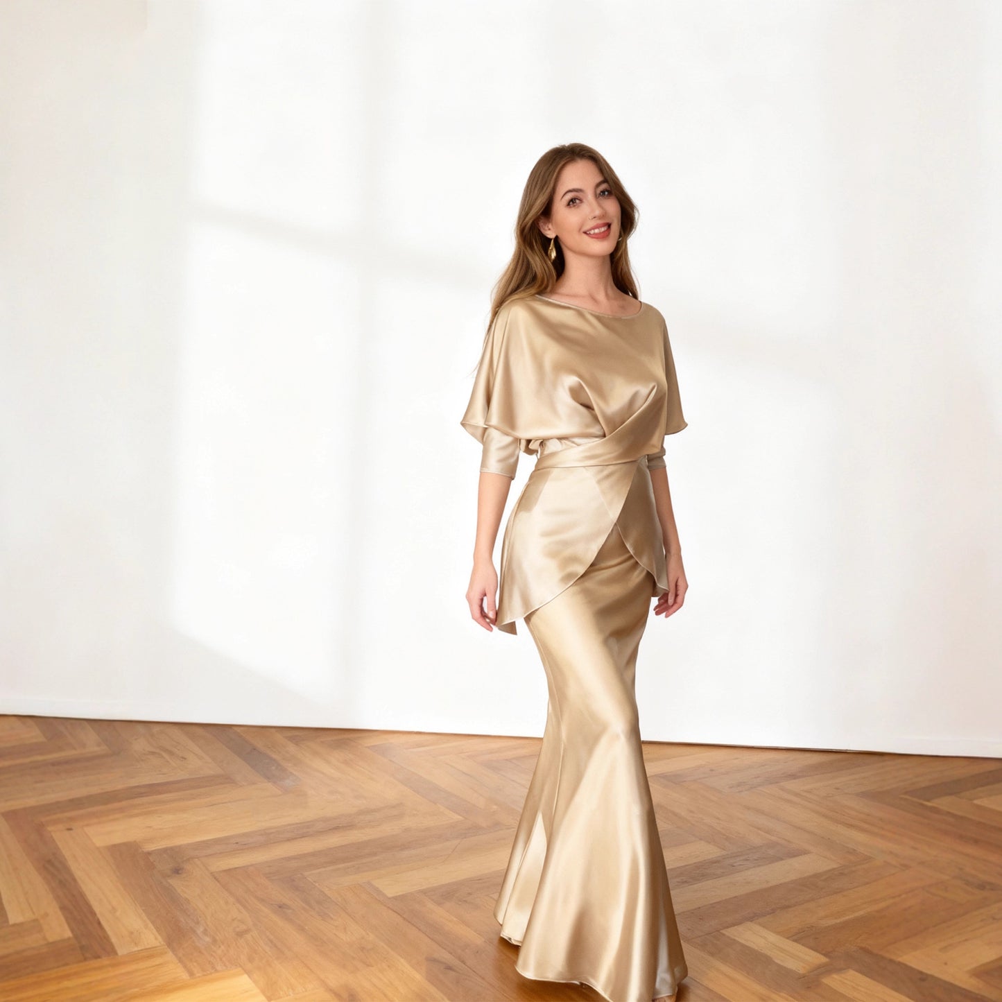 Haute couture imported acetate champagne set women's spring and autumn satin elegant top mermaid skirt temperament two-piece set