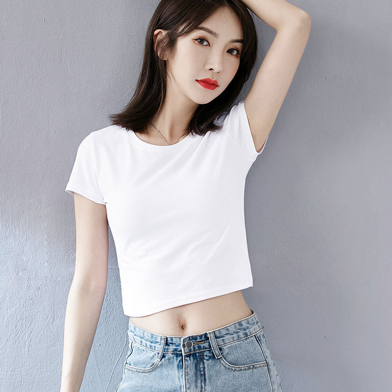 pure cotton white short T-shirt women's short-sleeved slim-fitting open-button bottoming shirt with summer outer top, pure cotton