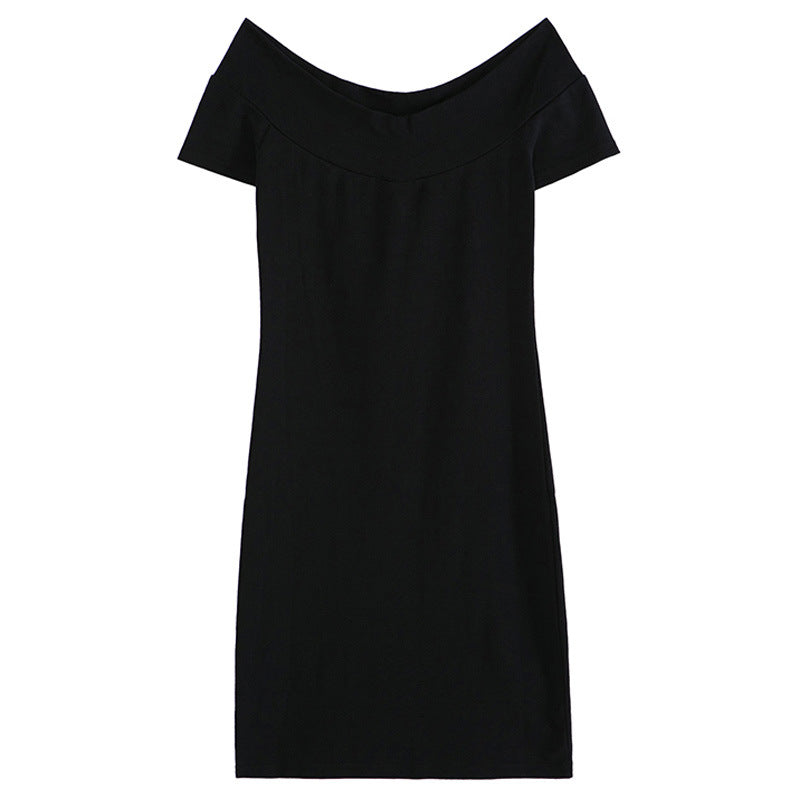 230G pure cotton one-word shoulder short-sleeved dress femininity elegant small black dress hip-wrapped short skirt solid color 2026 summer