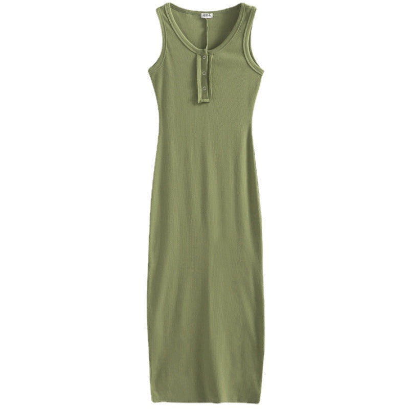 Vest dress 2026 summer suspender long dress sleeveless solid color excellent cotton waist thin tight temperament button skirt