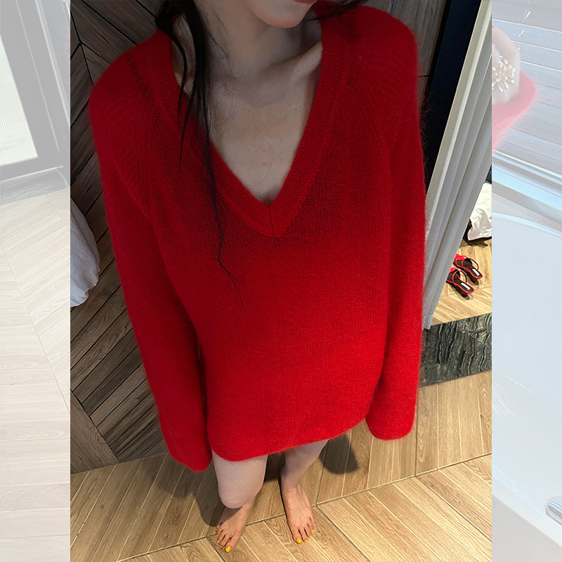 French red v-neck pullover mohair sweater women's autumn and winter outer wear milk fufu soft waxy loose knitted sweater top