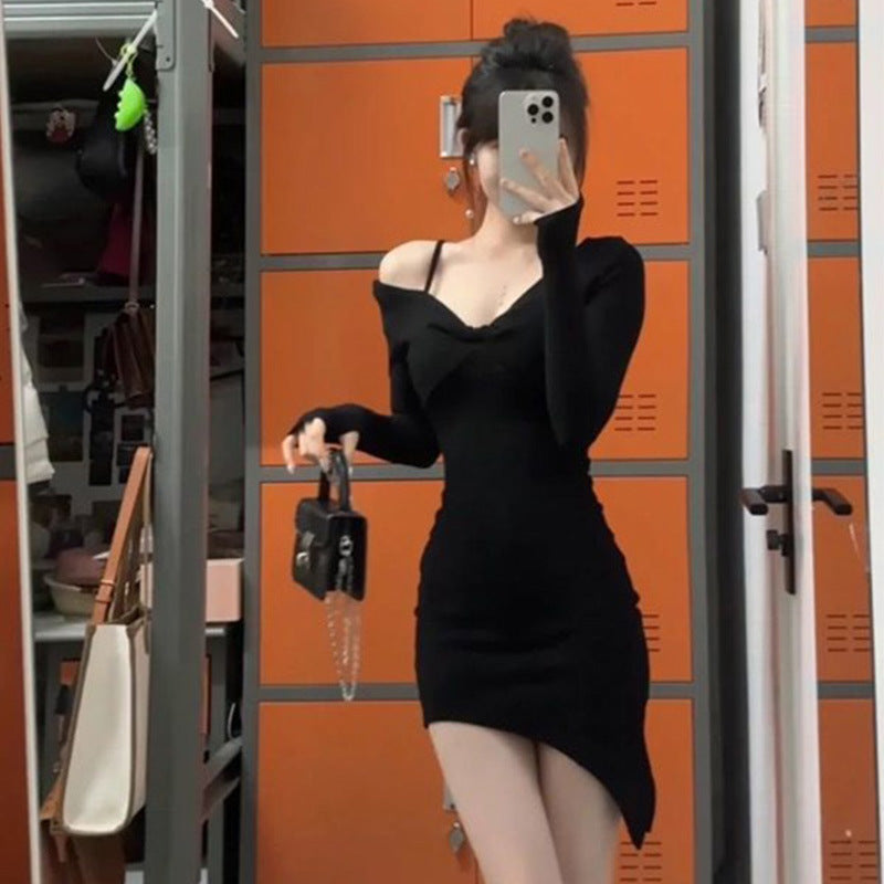Hot girl black pure desire irregular long-sleeved dress new autumn and winter temperament waist short skirt slim slim bottom