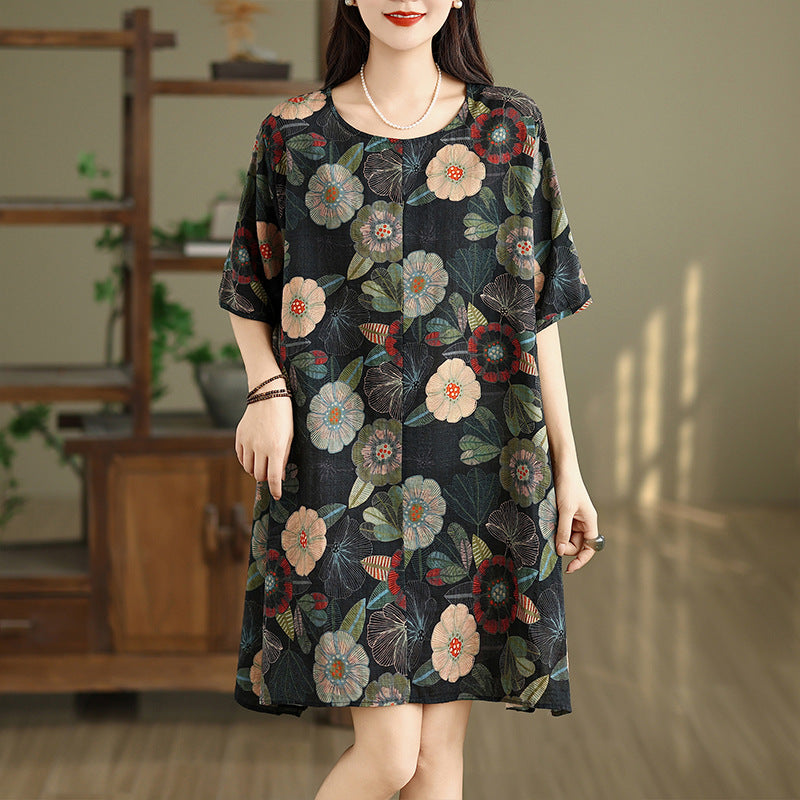 2025 summer thin round neck pullover dress women's loose large size retro literary floral A version medium skirt