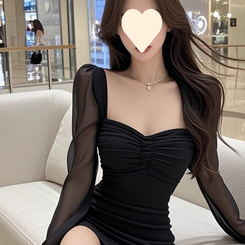 French high-end mesh splicing square neck dress, women's pure desire style slim-fitting inner cover bottom hip-wrapped short skirt