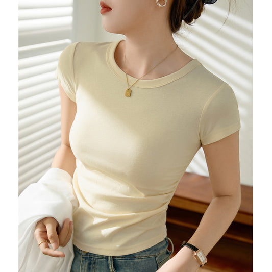 [Selection of cotton] Pleated waist pure cotton T-shirt women's summer short sleeves 2026 new waist short thin bottoming shirt