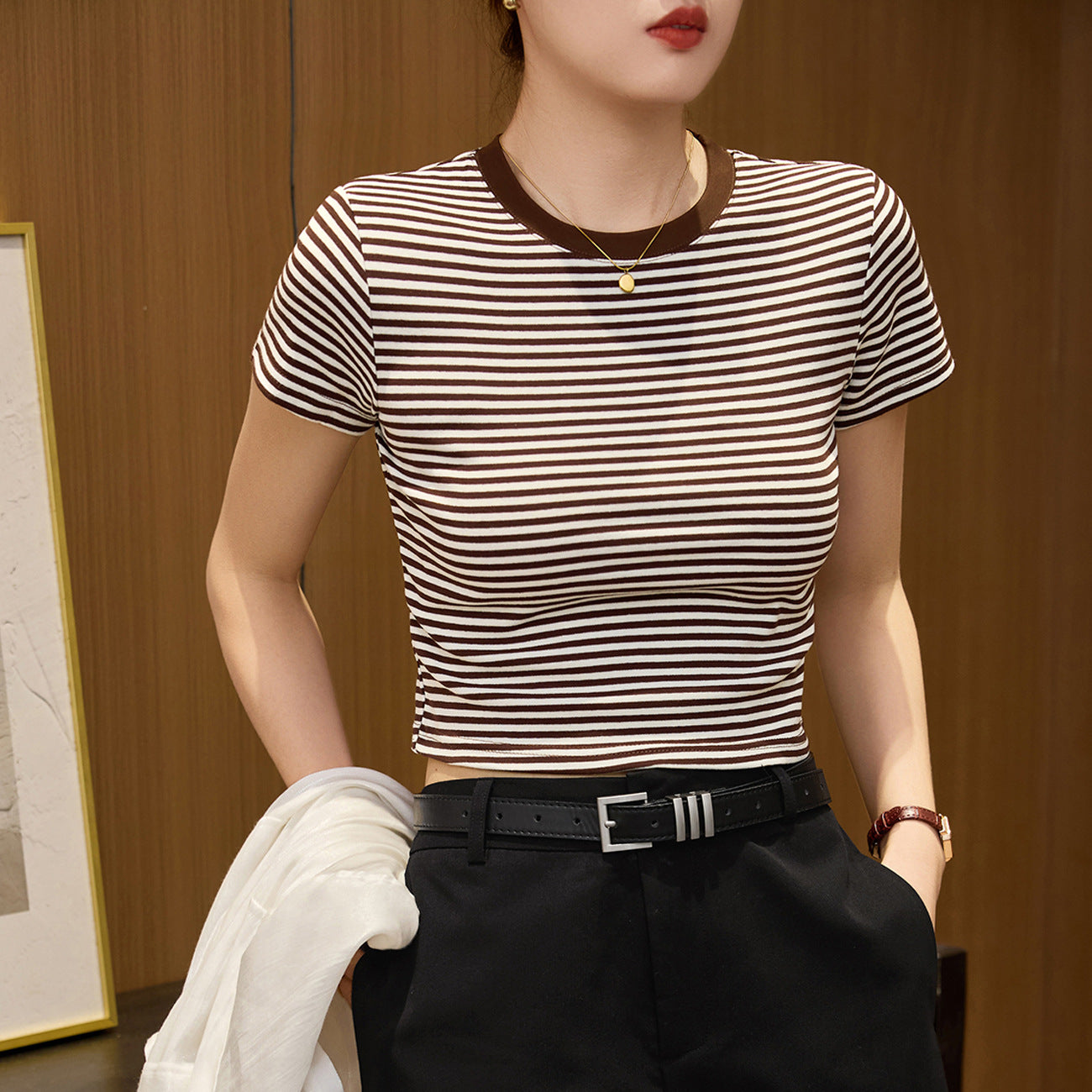 #260G combed cotton #striped T-shirt women's 2026 summer new high-waisted short contrasting color foreign style short-sleeved top