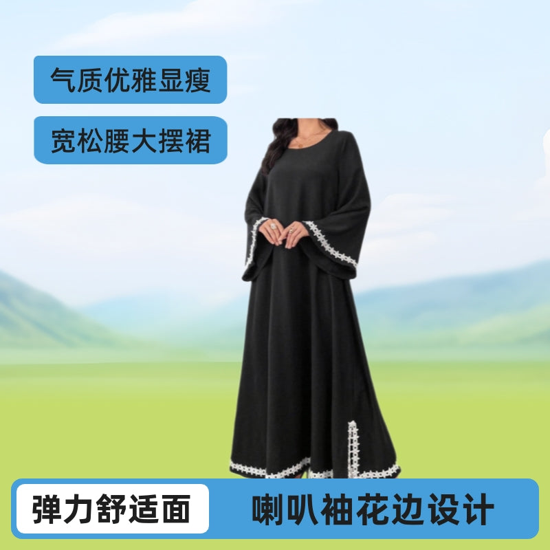 2025 AliExpress Amazon Middle East Dubai Hot Sale Splicing White Lace Crew Neck Slits Dress