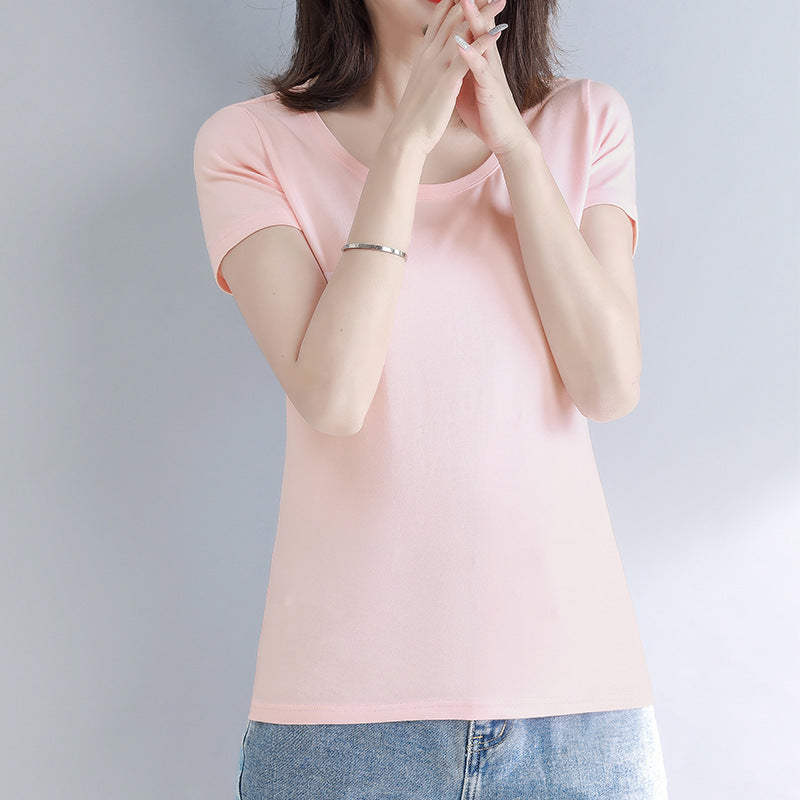 Lotus root pink short-sleeved t-shirt women's pure cotton unique and beautiful waist pinched high-end niche non-collision front shoulder short top