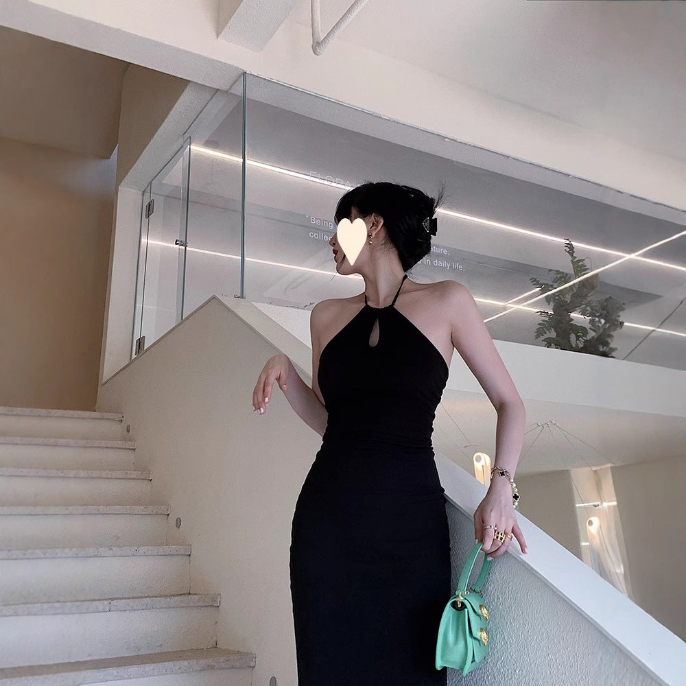 Black neck sexy off-the-shoulder dress slim-fitting waist-wrapped hip long dress small black skirt