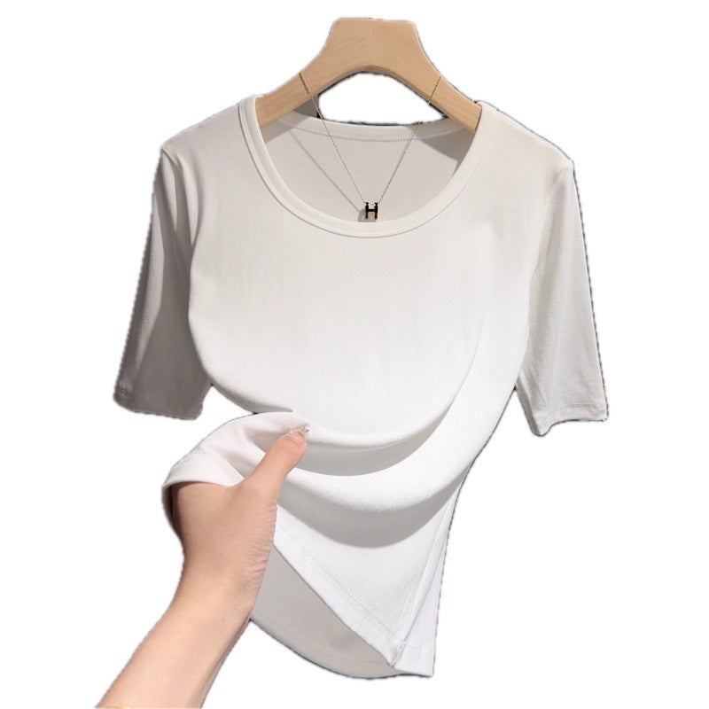 Brown Korean version of five-quarter-sleeved bottoming shirt T-shirt for women's spring and autumn inner half-sleeved U-neck middle-sleeved front-shoulder shirt
