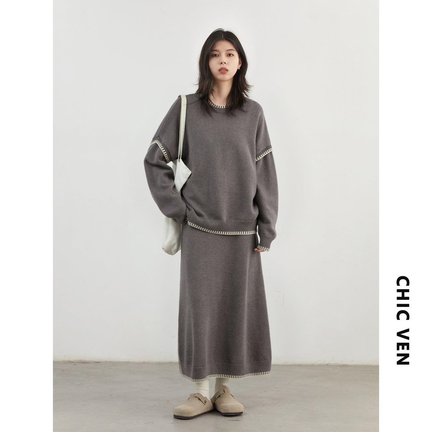 CHICVEN "Free Run" Winter New Lazy Crew Neck Contrasting Edge Sweater Knitted Skirt Set