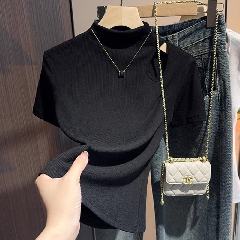 High sense inner white semi-turtleneck short-sleeved t-shirt women's 2025 new summer hollow-knit front shoulder top trendy